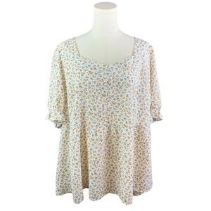 Agnes Orinda White Blouse with Ruffled Sleeves & Orange Floral Pattern (Size 3X)